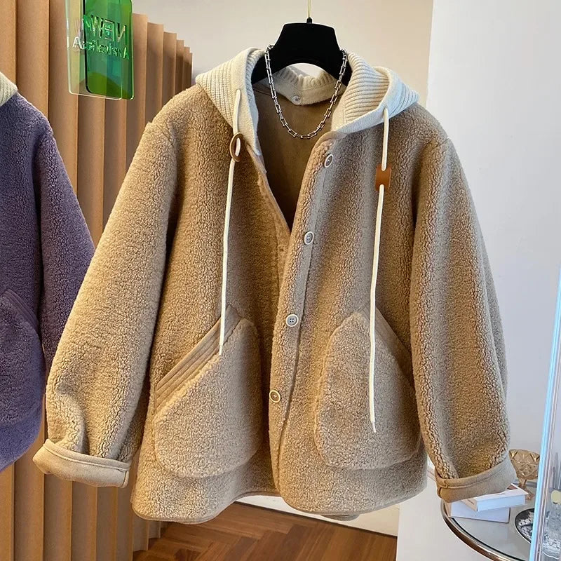 Threebooy Simple Niche Splicing Detachable Knitted Hooded Coat Women Autumn Winter Velvet Loose Casual Lamb Wool Warm Button Top