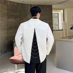 Threebooy Back Split Suit Jacket Men Solid Color Metal Chain Decor Blazer Spring Chic Loose Casual Black Male Handsome Stylish Blazers