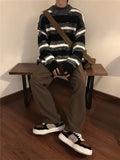 Threebooy Vintage Striped Men's Knitted Sweater Pullovers Black Distressed Sweaters Male Oversize Japanese Streetwear Hip Hop