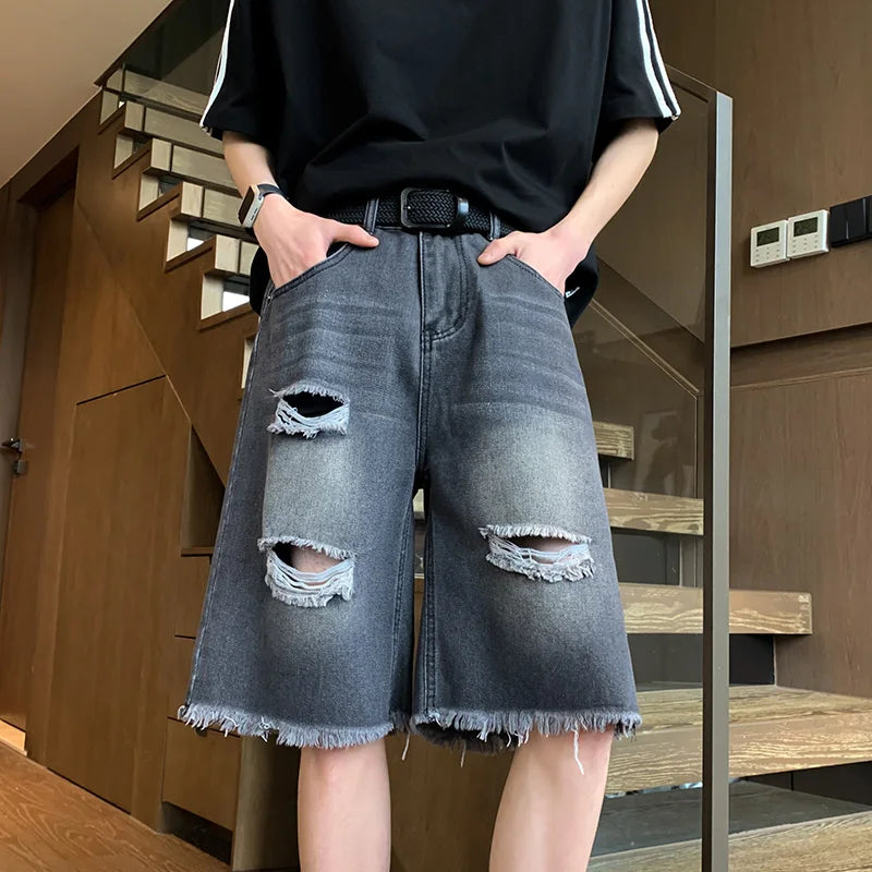 Threebooy Men's Blue Shorts Streetwear Baggy Jeans Jorts Straight Trousers Wide Pants Luxury Man Jeans Ripped Clothing