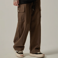 Threebooy Men's Sweatpants 2025 Spring Autumn Vintage Japanese Wide Leg Straight Loose Button Big Pockets Cargo Pants Drawstring Trousers