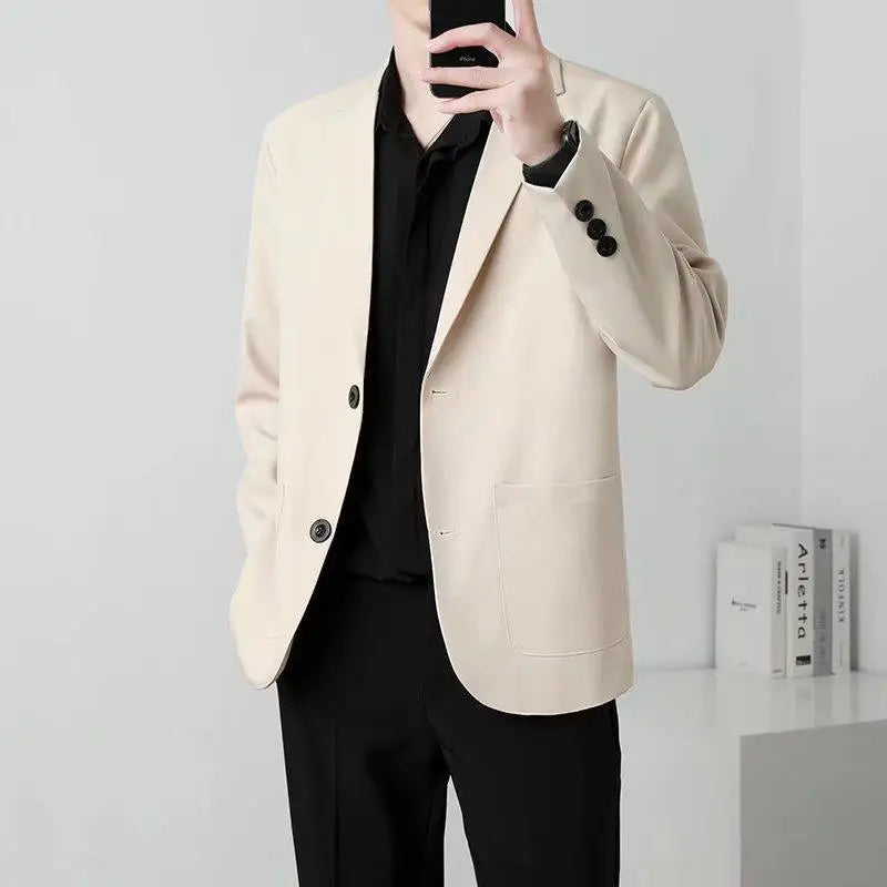 Threebooy Men Suit Jackets Blazer Coat Slim Fit Smart Casual Autumn New Fashion Clothing Two Buttons Solid Color Korean Black/Khaki/Coffee