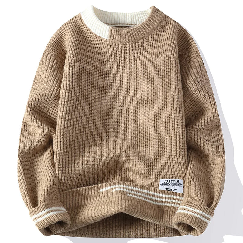 Threebooy Men Retro Color Collision Twist Sweater Loose Fit Round Neck Knit Jumper Pullover Autumn Winter Casual 4 Colors Knitted Sweaters