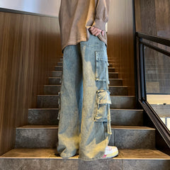 Threebooy Multi-pockets Ribbons Jeans Men Wide Leg Denim Pants Straight Baggy Men's Cowboy Hip Hop Streetwear Neutral Mopping Trousers