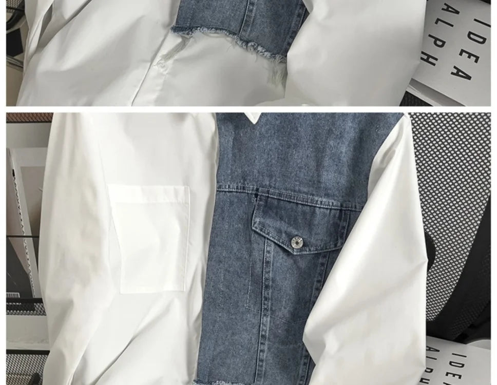 Threebooy Japanese High-end Denim Jacket Spliced Long-sleeved Shirt Men's Niche Design Sense High Street Couple Loose Casual White Shirt