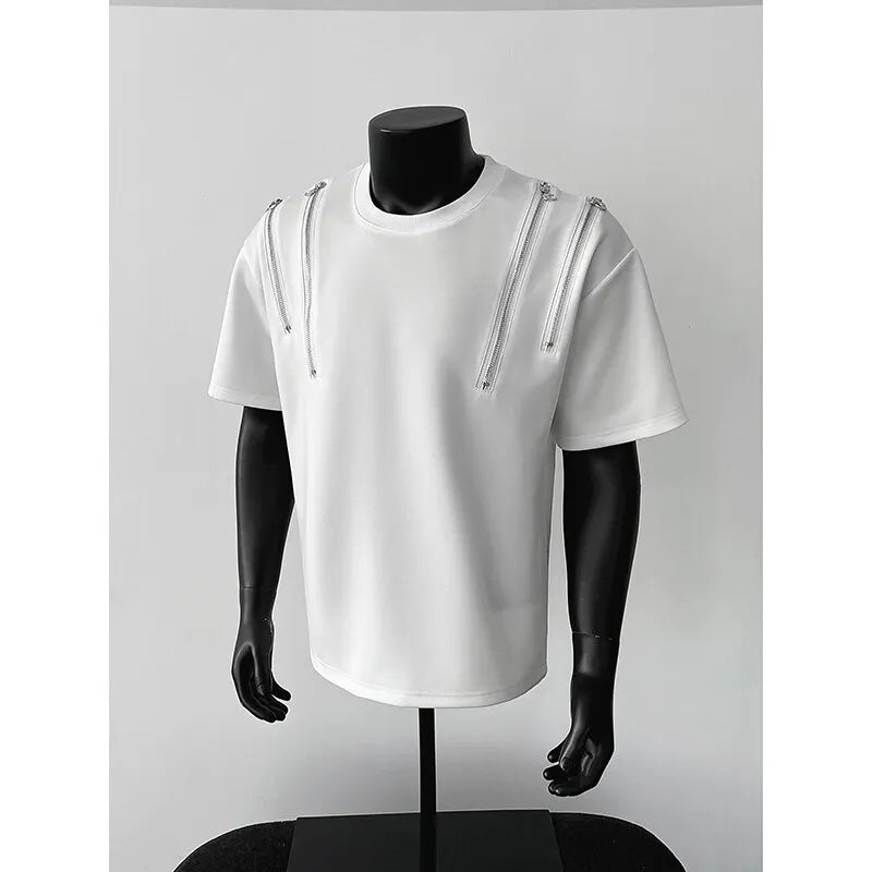 Threebooy  T shirt men O Neck Zip Detail StreetweaR T-Shirt Trendy Urban Hip Hop Style Casual Tee Top Fashion Graphic Crewneck Slim Fit