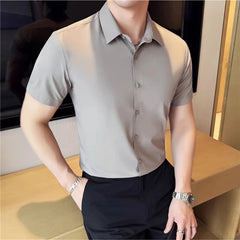 Threebooy  Bamboo Fiber Seamless Shirt for Men's Business Casual Short Sleeved Shirts Solid Color Versatile Daily Social Formal Shirt