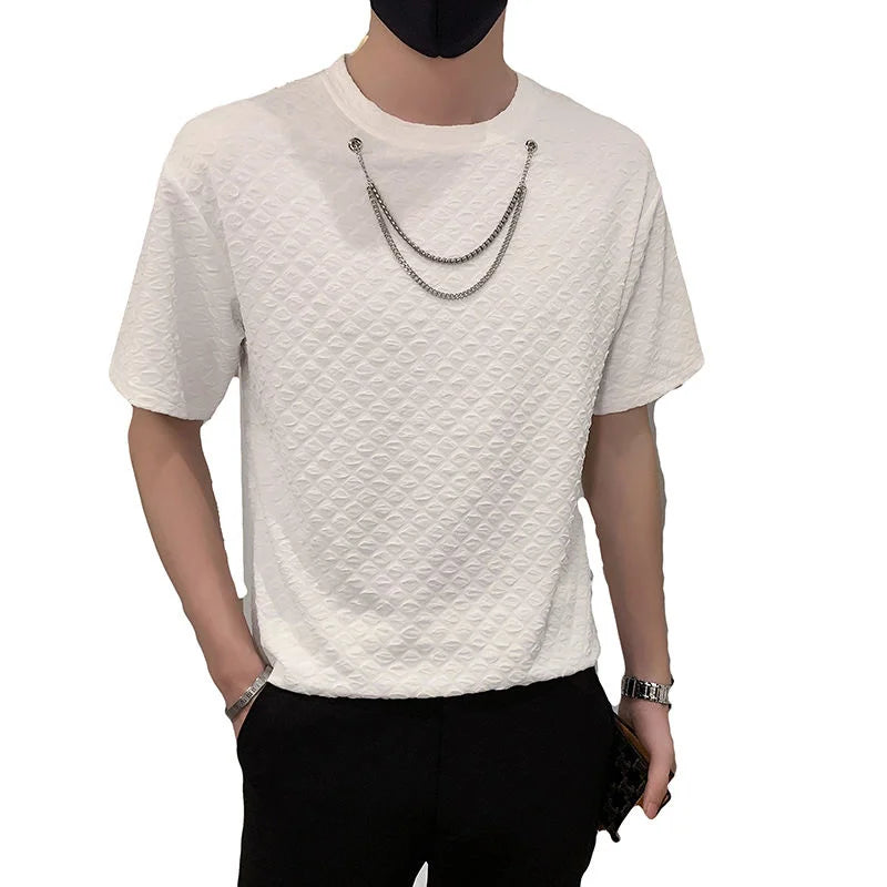 Threebooy Summer Men's Solid Color Round Neck T-shirts Necklace Decorate Bottomed Shirt Short Sleeve Tshirts White/black T Shirts