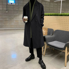 Threebooy Mens Double-Breasted Mid-Length Coat Autumn Winter Genderless Korean Style Fashion Commuter Thickened Elegant Retro Coat Unisex