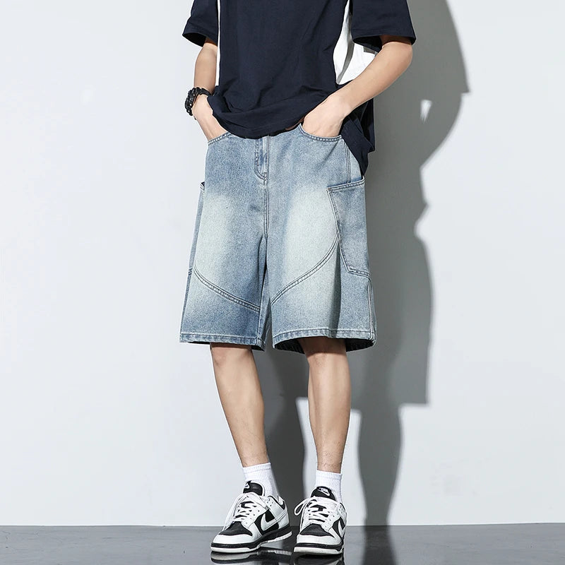 Threebooy  Summer New Baggy Denim Shorts Fashion Casual Straight Harajuku Jeans Male Vintage Wash Drawstring Short Pants Streetwear