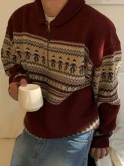 Threebooy American style autumn and winter street fashion half zipper polo sweater for couples loose retro red Harajuku knit top y2k