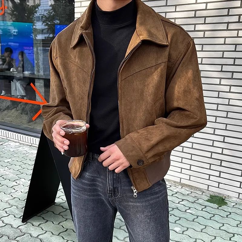 Threebooy Elegant Solid Brown Coat Men's Spring Autumn High-end Loose Lapel Plush Top Winter New Zipper Short Jacket Vintage Streetwear
