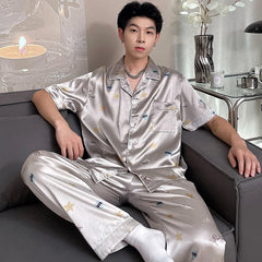 Threebooy Men's pajamas short sleeved summer ice silk home clothing men's summer Long pants cardigan men sleepwears set home clothing