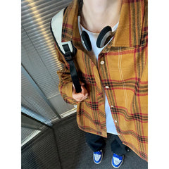 Threebooy Oversized Long Sleeved Shirt Men Retro Plaid Shirt Men Japanese Streetwear Loose Casual Shirt Mens Vintage Shirts Plus Size 5XL