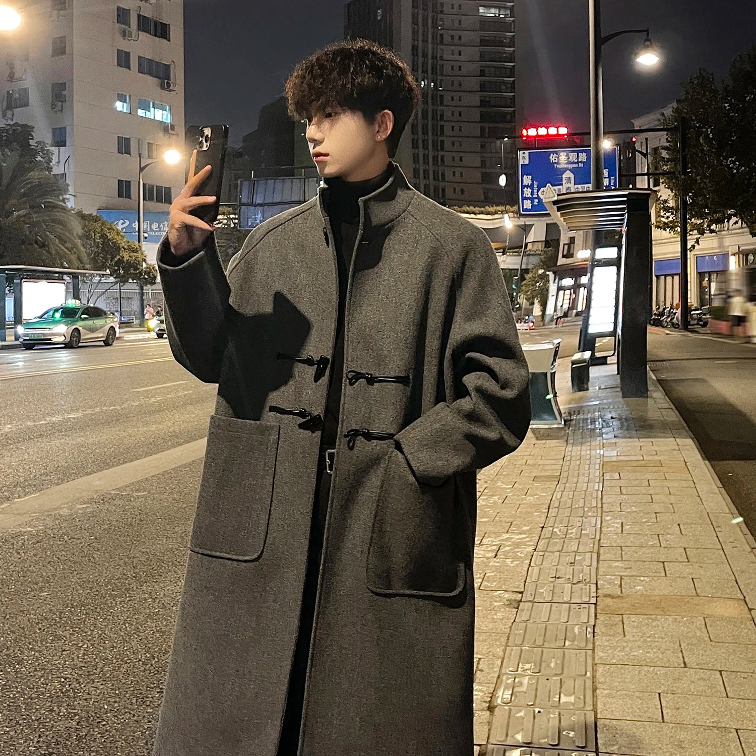 Threebooy Autumn Winter Men Horn Button Woolen Coat Mid Length Stand Collar Trench Coat Solid Color Big Pocket Overcoat Streetwear