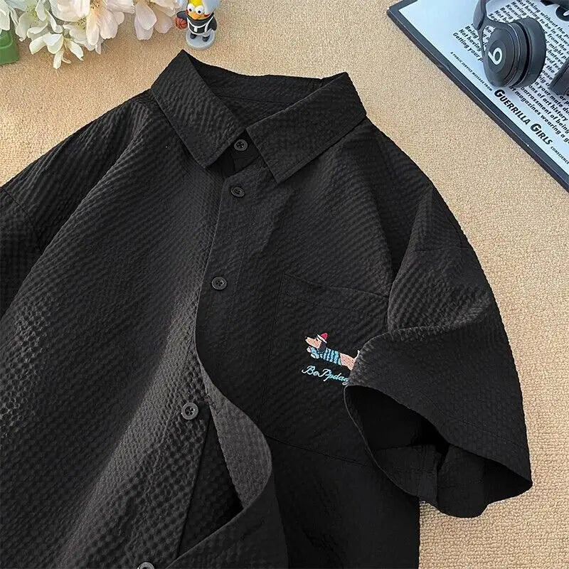 Threebooy Bubble Yarn Embroidered Shirt Short-sleeved Summer Thin Breathable Quick-drying Beach Shirt Couple Half-sleeved Jacket