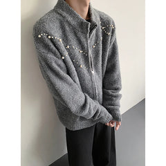 Threebooy Men's cardigan knitted sweater Winter New Style Winter warm knitted jacket Personalized Trend Pearl decoration cardigan sweater