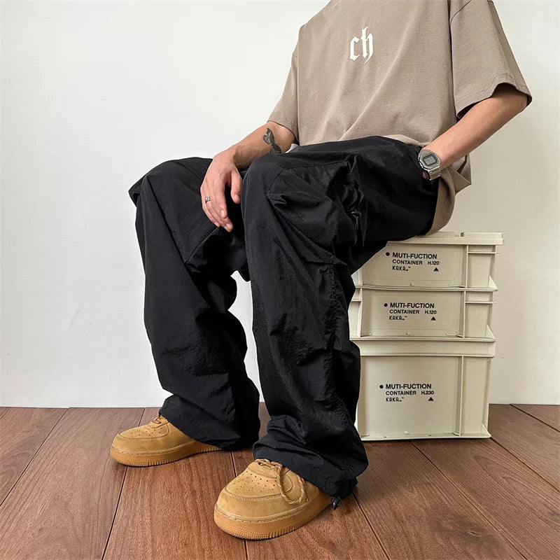 Threebooy  Summer Thin Casual Pants Men Pocket Cargo Pants Men Japanese Streetwear Hip-hop Loose Straight Pants Mens Vintage Trousers M-3XL