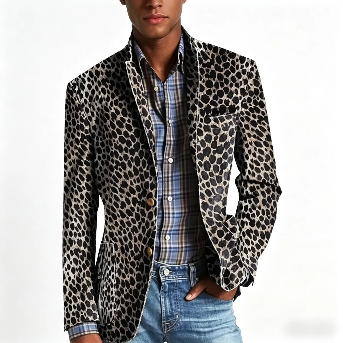 Threebooy  Men's Leopard Print Velvet Blazer Classic Fit Stylish Long Sleeve Notched Lapel Suit Jacket for Nightclub Wedding Streetwear