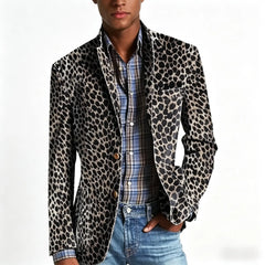 Threebooy  Men's Leopard Print Velvet Blazer Classic Fit Stylish Long Sleeve Notched Lapel Suit Jacket for Nightclub Wedding Streetwear