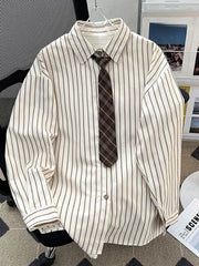 Threebooy  Retro Striped Men's Shirt Jacket Loose Fit Long Sleeve with Tie Spring Autumn Design Polyester Fiber Versatile All Seasons
