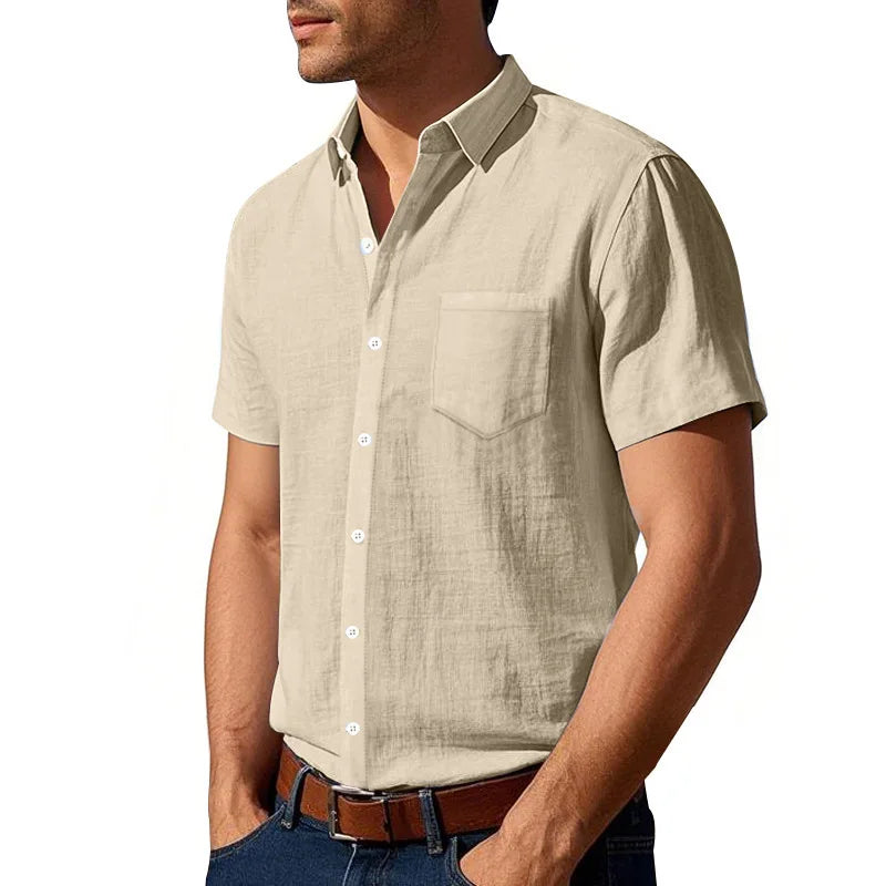 Threebooy Summer Solid Cotton Linen Lapel Short Sleeved Shirt For Men Casual Pocket American Style Shirts And Blouses