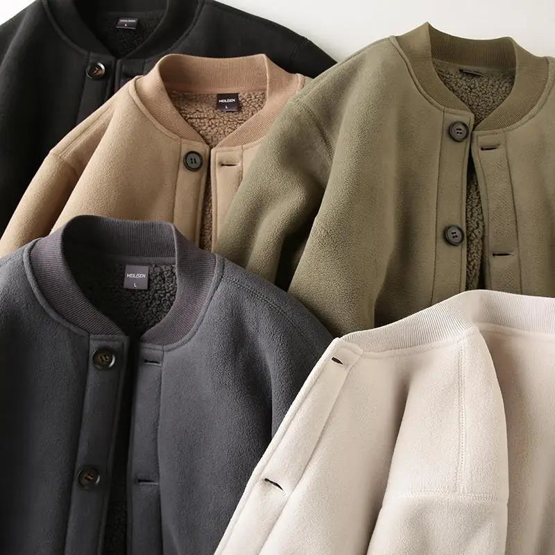 Threebooy Men's Jacket Autumn Winter Polar Fleece Stitching Double Layer Stand Collar Thickened Single-breasted Solid Color Jackets Tops