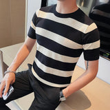 Threebooy Summer Short Sleeve Stripe T-Shirt Men Fashion Hollow Out Plaid Knitted Casual T-shirt Breathable Round Neck Tee Top Streetwear