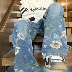 Threebooy  Autumn Floral Printed Jeans For Men New Y2K Vintage Denim Pants Hip Hop Fashion Wide-leg Baggy Jean Streetwear Trousers