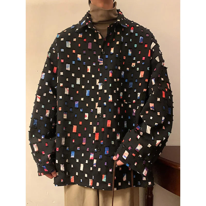 Threebooy  Cotton Hollow Out Shirt Men Oversized Fashion Casual Color Plaid Shirt Men Streetwear Loose Long Sleeved Shirt Mens Hole Shirts