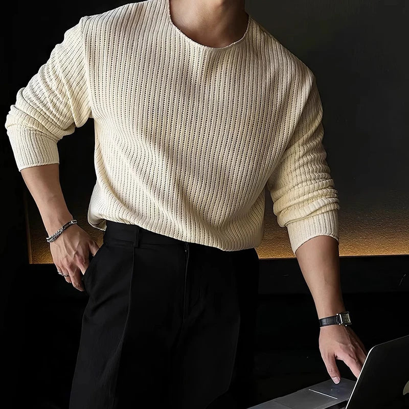 Threebooy  New Korean Fashion Men T-shirt Luxury Knitted Solid Color O Neck Long Sleeve Tees Casual Premium Quality Textured Knitwear M-3XL