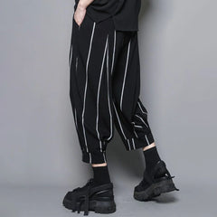 Threebooy Men Casual Pants Striped Drawstring Streetwear Joggers Pockets Harem Trousers Loose Fashion Cropped Pants Man Clothes Pantalones