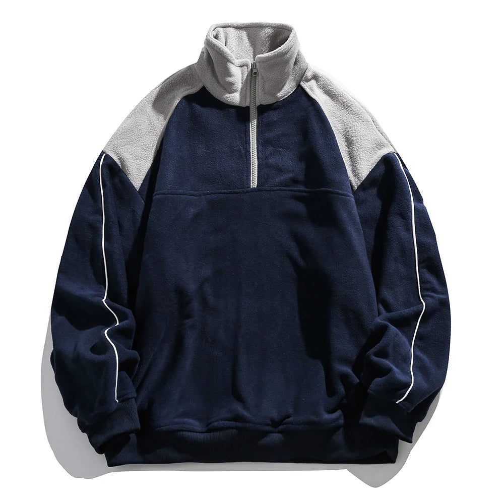 Threebooy  Autumn Polar Fleece Contrast Sweatshirts For Men Streetwear Patchwork Zipper Half Open Pullover Sweat Shirt Male Clothing