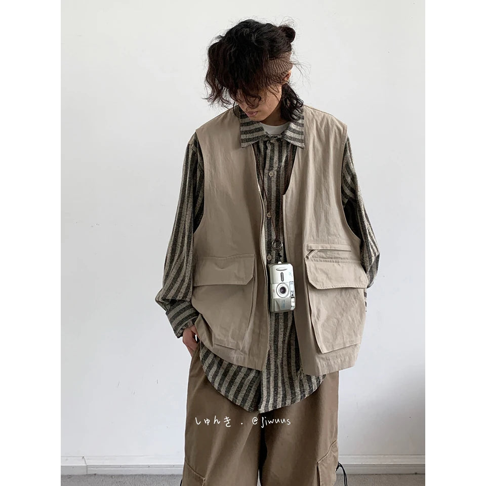 Threebooy Cityboy Japanese Retro Splicing Fake Two-piece Fashion Work Shirts Men Women Casual Loose Long-sleeved Shirt Jacket Aesthetic