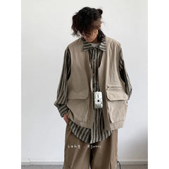 Threebooy Cityboy Japanese Retro Splicing Fake Two-piece Fashion Work Shirts Men Women Casual Loose Long-sleeved Shirt Jacket Aesthetic