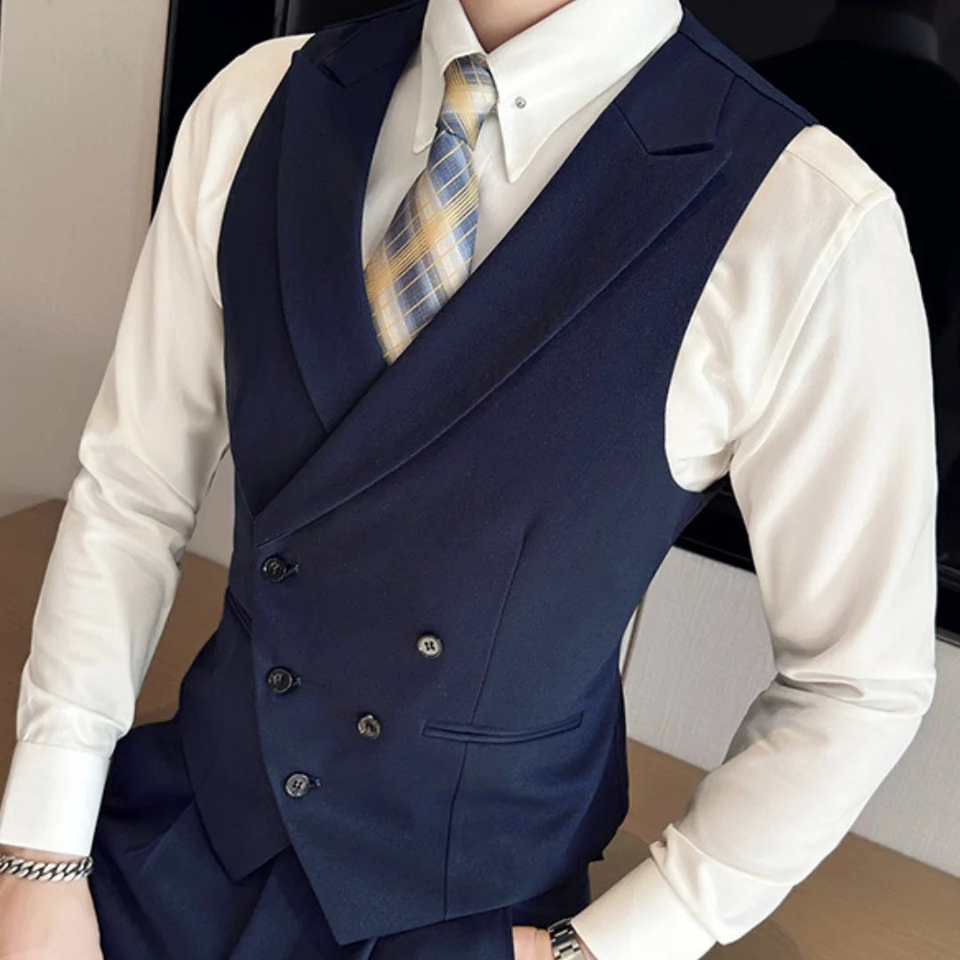 Threebooy  Men Vest Black With Lapel Solid Double Button Waistcoat For Wedding Groom Banquet Business Casual Work Daily Men Suit Vest