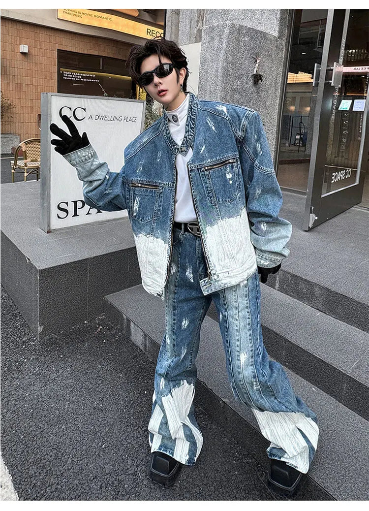 Threebooy Men's New 2-Piece Bleached Faded Denim Set