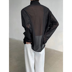 Threebooy Sexy Perspective High-neck Long Sleeve T Shirt Men Women Net Yarn Bottoming Shirt Spring Summer Transparent Black Tee Shirts