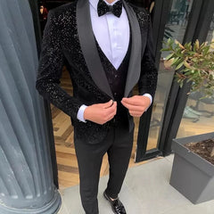 Threebooy  Black Men Suits 3 Pieces Shiny Blazer Vest Pants One Shoulder Sheer Lapel Sequins Tuxedo Wedding Formal Work Causal