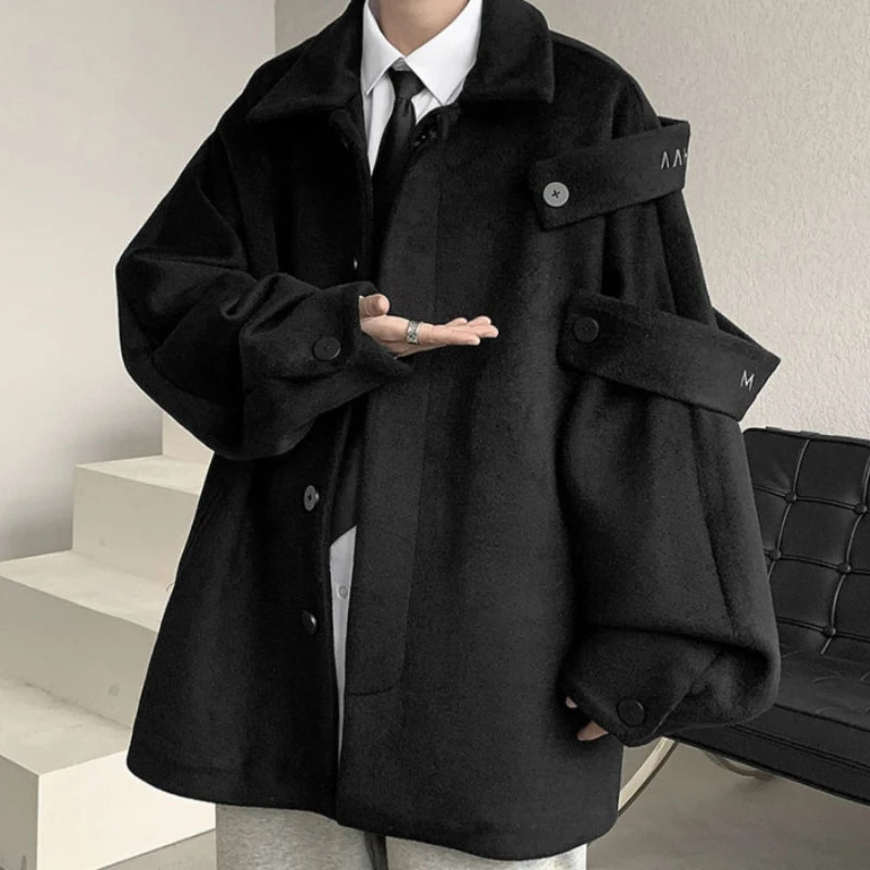 Threebooy Streetwear Woolen Coat Men's Autumn Winter Minority Lapel Jacket American Retro Loose Casual Asymmetrical Jacket
