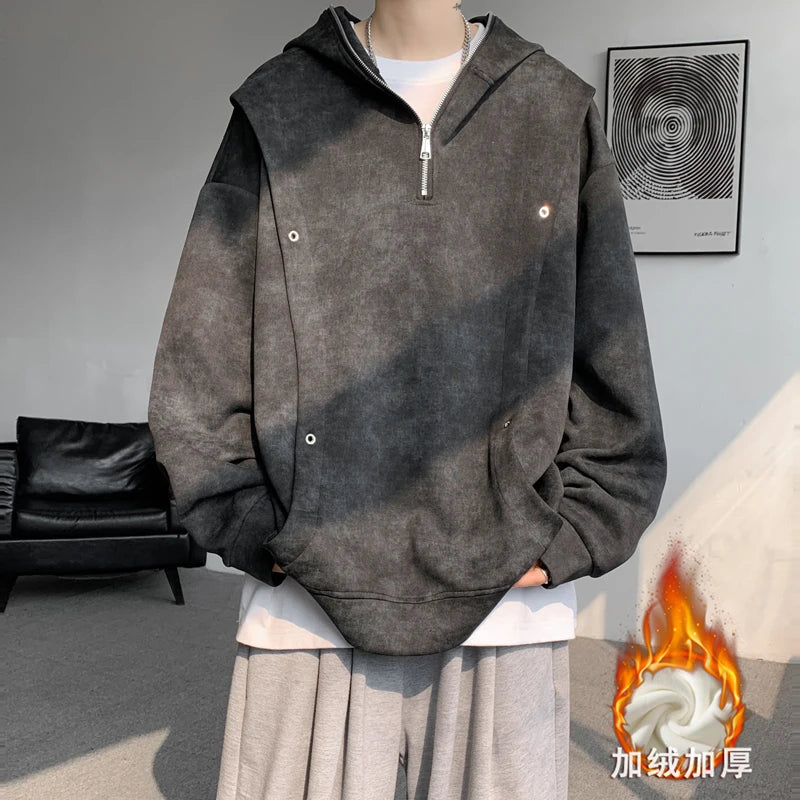 Threebooy Retro Tie-dye Printed Hoodie Men Fleece Warm Pullover Sweatshirts High Street Hip Hop Streetwear Oversized Unisex Hoodie