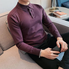 Threebooy Summer Mens Long-Sleeved Knitted Casual POLO Shirts Contrast Color British Slim Fit Lapel POLO Shirt Men Clothes S-3XL