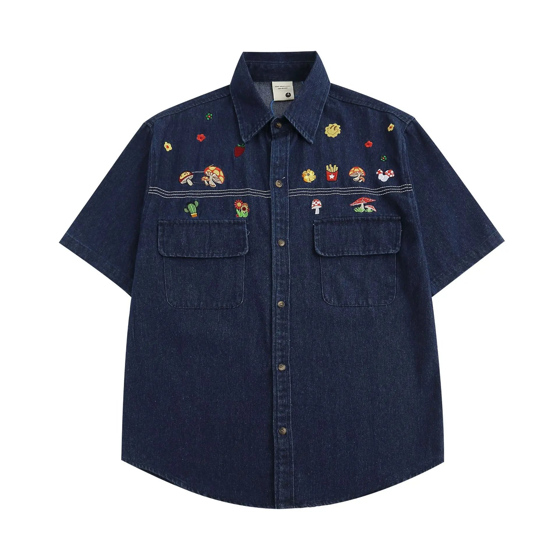 Threebooy  Japanese Retro Denim Shirts for Men Short Sleeve Button Down Shirt Jacket Oversize Summer Men's and Women's Embroidery Top