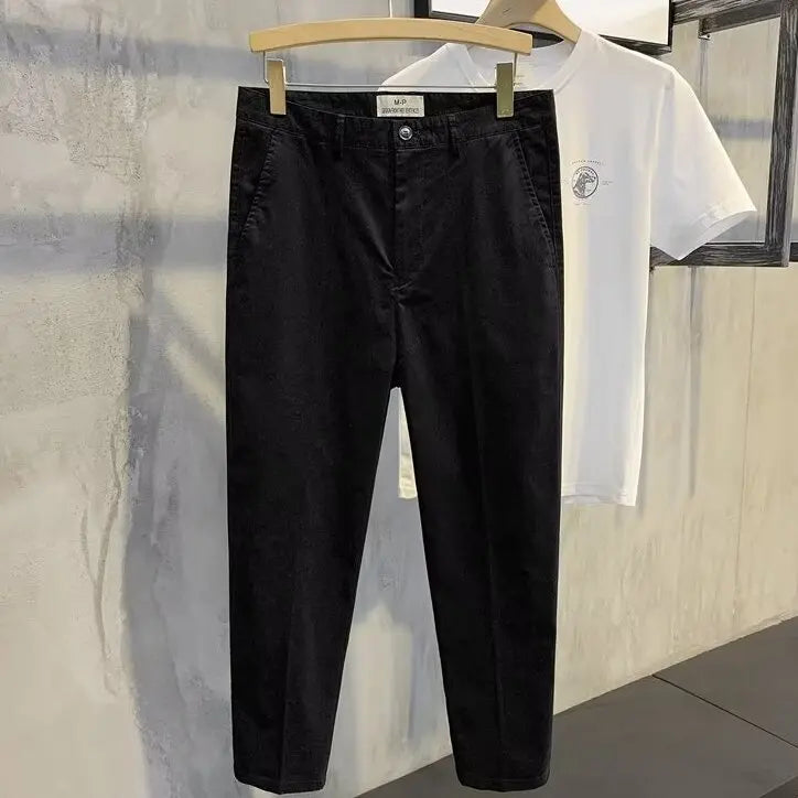 Threebooy New Man Solid Casual Cropped Cargo Suit Pants Fashion Business Elastic Straight Nine Points Pants