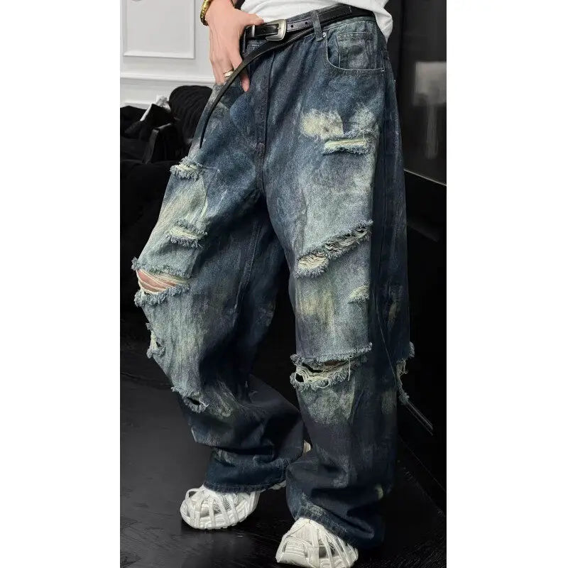 Threebooy  Mens Loose Fit Straight Leg Jeans Dark Blue Ripped Distressed Trendy Streetwear Fashion Casual Urban Denim Pants Hip Hop Style