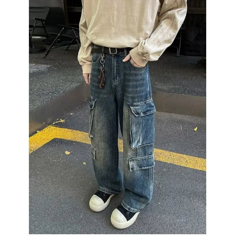Threebooy Cargo jeans men New High Street Gothic Punk Dark Trousers  Harajuku Retro Baggy Jeans Men Street Fashion Straight Leg Pants
