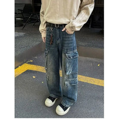 Threebooy Cargo jeans men New High Street Gothic Punk Dark Trousers  Harajuku Retro Baggy Jeans Men Street Fashion Straight Leg Pants