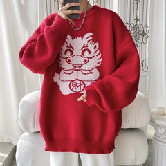 Threebooy Winter New Cartoon Dragon Graphic Lucky Red Sweater For Men Vintage Pullover Crew Neck Knitwear Christmas Sweater