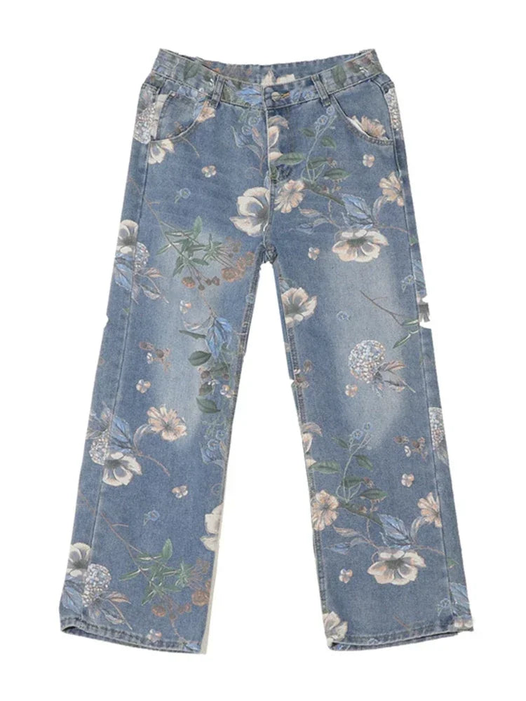 Threebooy  Autumn Floral Printed Jeans For Men New Y2K Vintage Denim Pants Hip Hop Fashion Wide-leg Baggy Jean Streetwear Trousers
