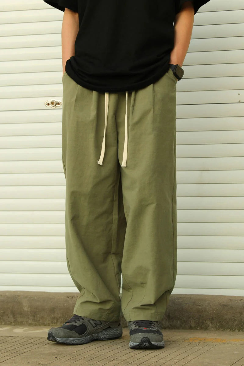 Threebooy Men's Fashion Trend Cotton Loose Casual Pants Retro Popular Elastic Waist Trousers Black/Apricot/green/brown Straight Pants